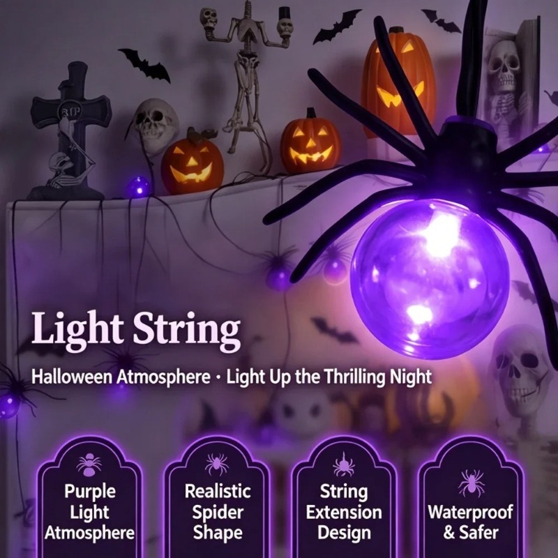 Outdoor Lighting Halloween - Batteriebetriebene Spinnen-LED-Lichterkette, Halloween-Außendekoration für Garten und