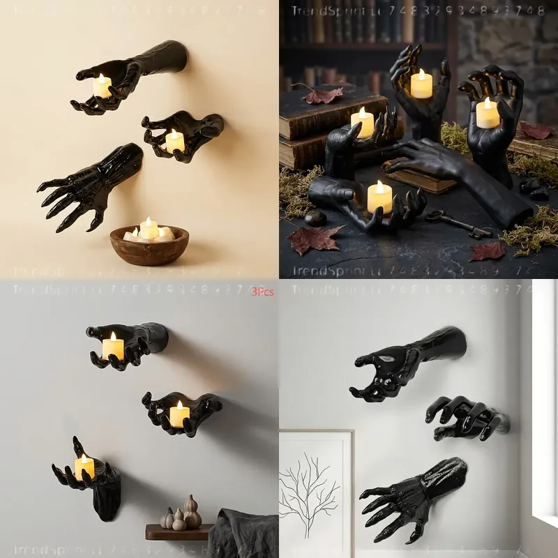 Outdoor Lighting Halloween - 3 Stück Halloween-Wanddekorationslichter, 3D-Grusel-Hand mit LED-Kerzen,
